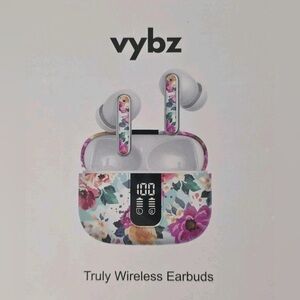 VYBZ True Wireless Earbuds In-Ear Headphones LED Display Charging Case Floral